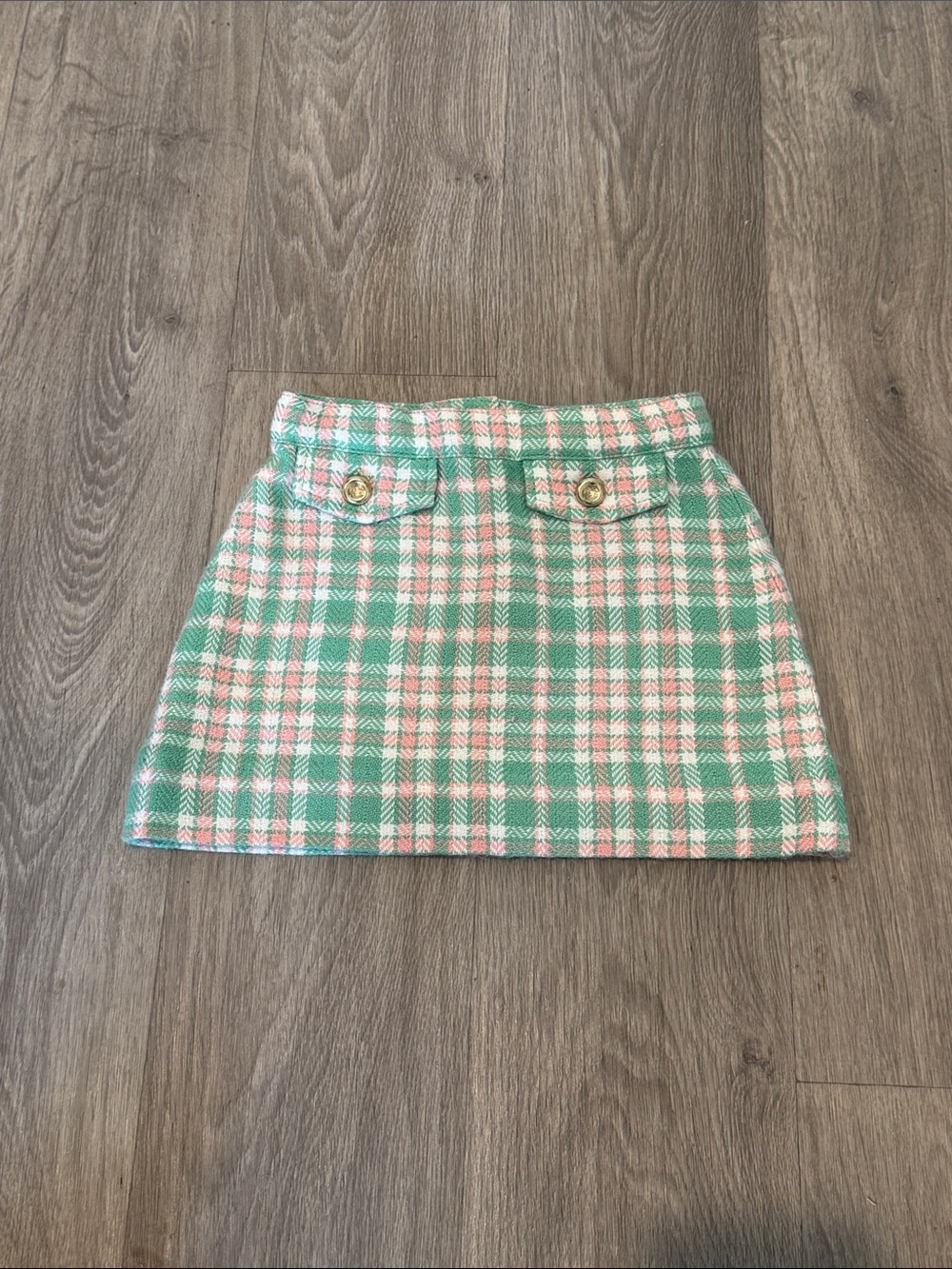 The Beaufort Bonnet Company Green and Pink Plaid Tweed Mini Skirt